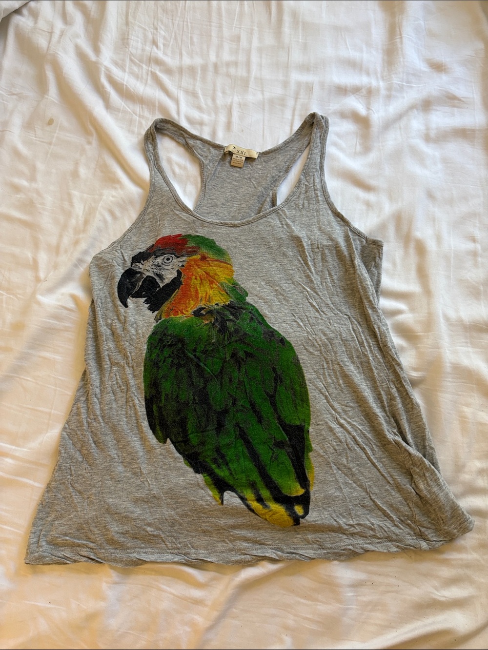 Gray Tank Top with Large Colorful Parrot Graphic
